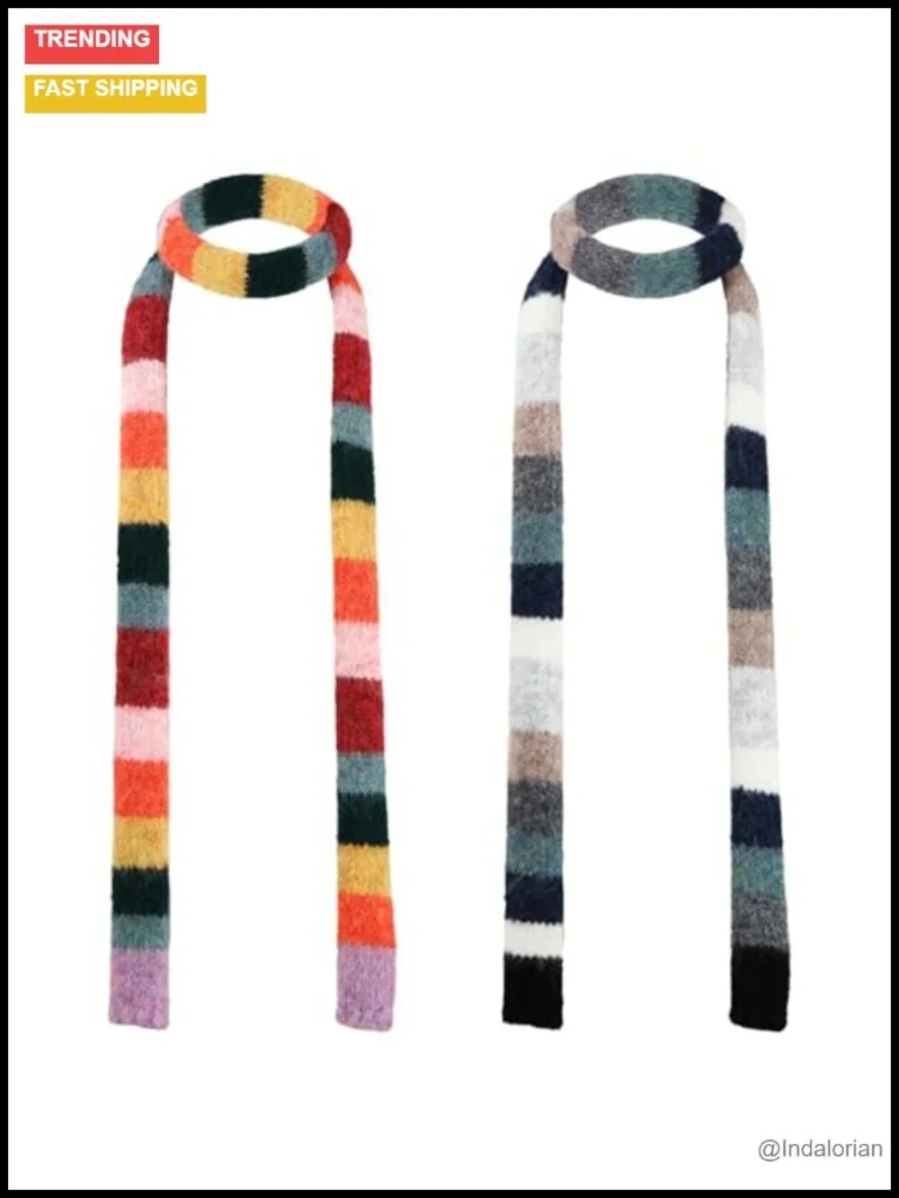 2 Pcs Y2k Striped Long Skinny Scarf Set Acrylic Knit Thin Scarves Winter